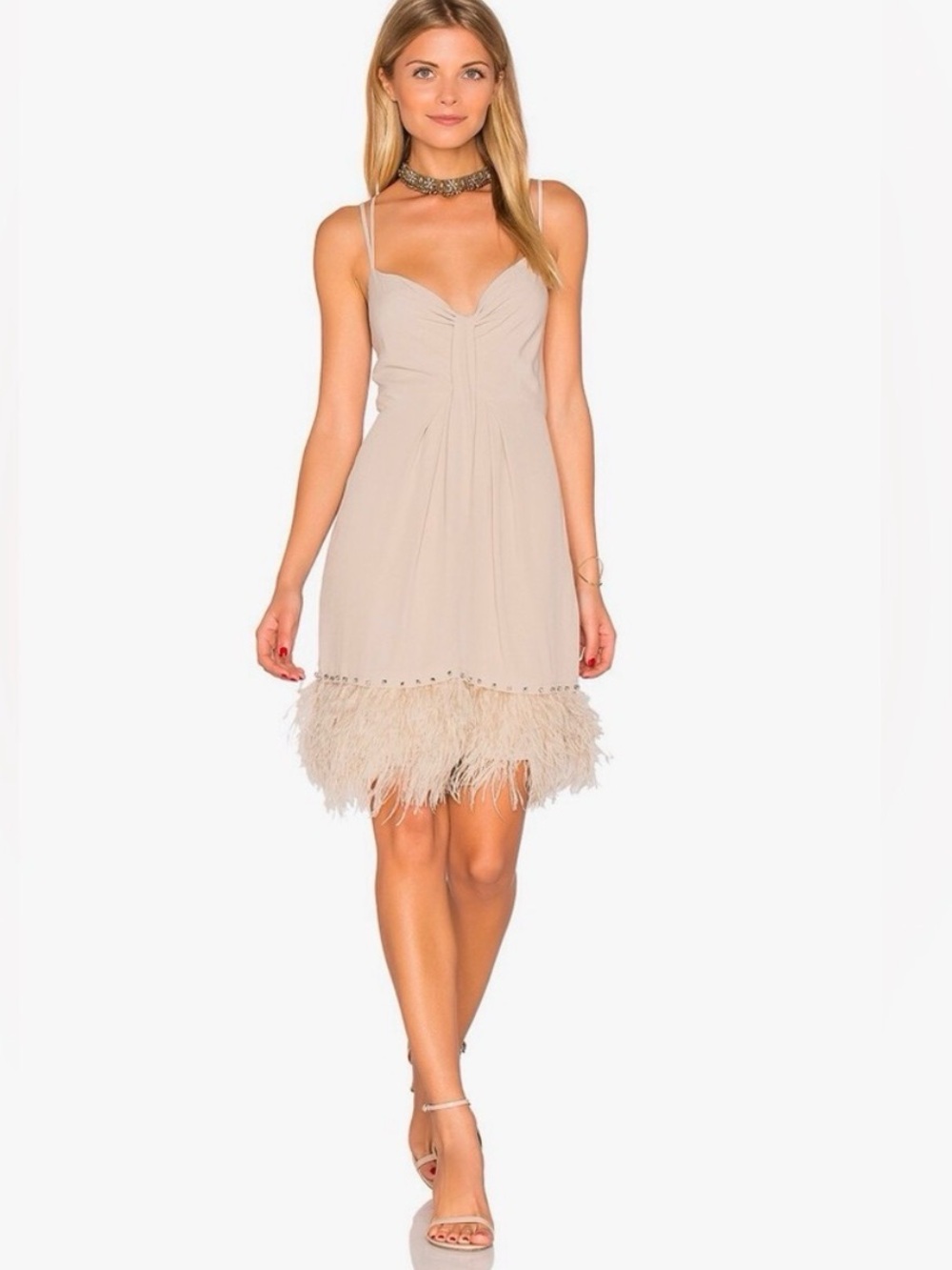 SAYLOR Blush Beige Feather-Trim Slip Dress